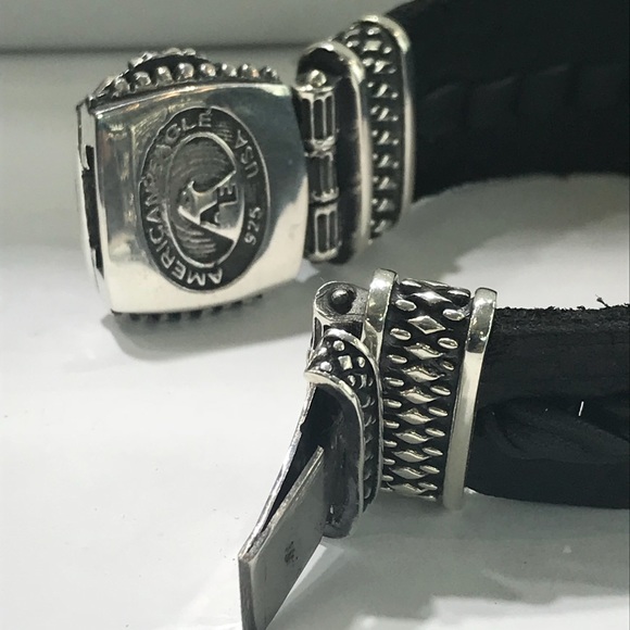 sterling silver lion face bracelet with  leather - Picture 6 of 8